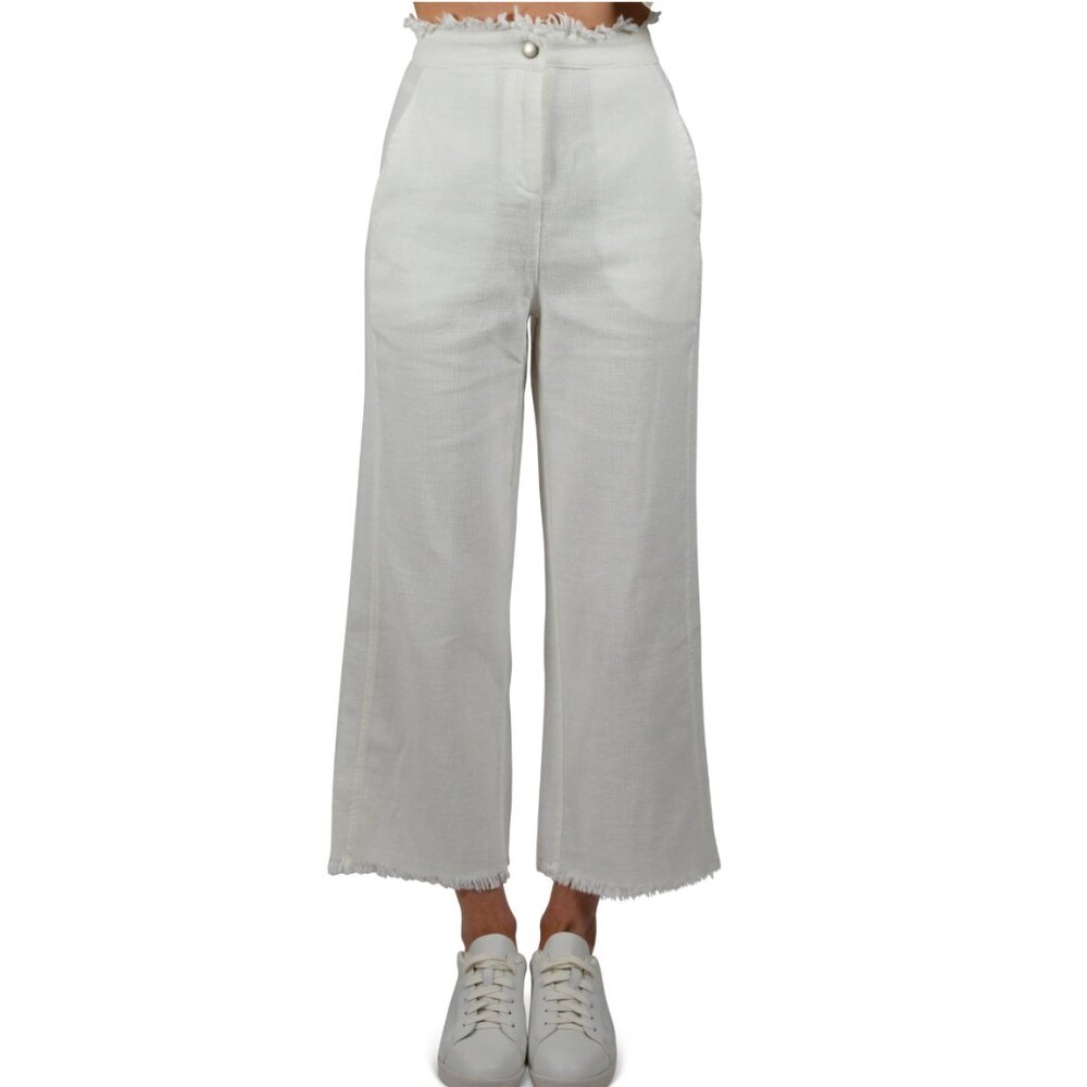 NWT | Moon River | Linen & Cotton Self-Frayed Pants | White